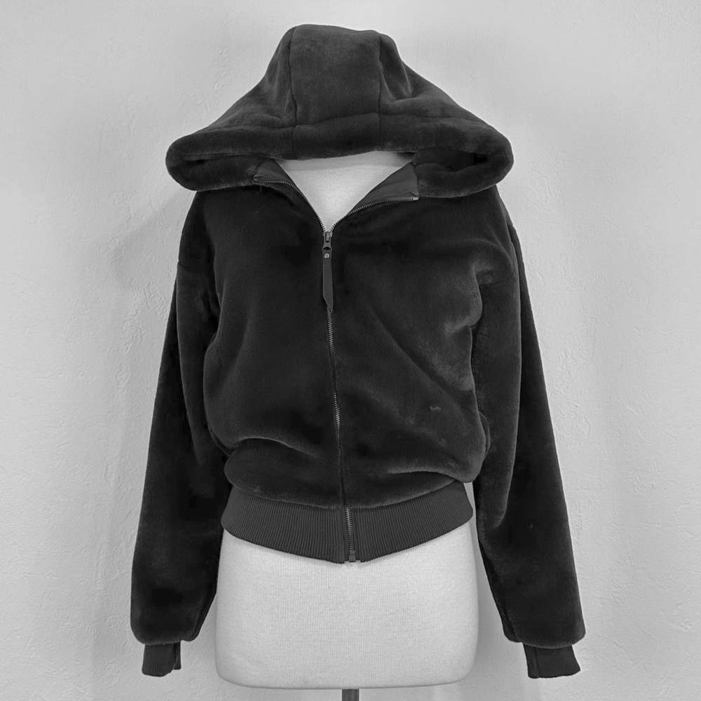IVL Collective Faux Fur Bomber Jacket Size 2 GRAY Soft Thick Heavy Luxe Hooded